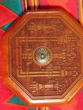 Rare Vintage Southwestern Carved Wood Music Box - Silver & Turquoise Concho